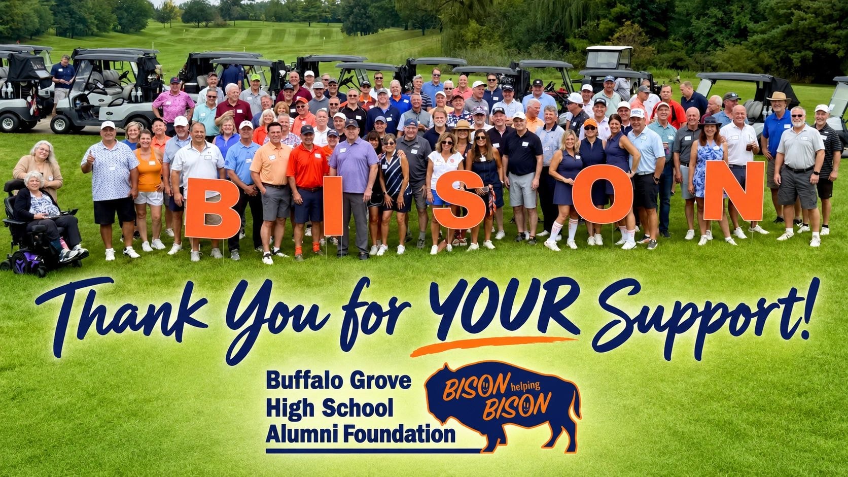 Large group photo at BGHS Alumni Golf Outing with BISON letters