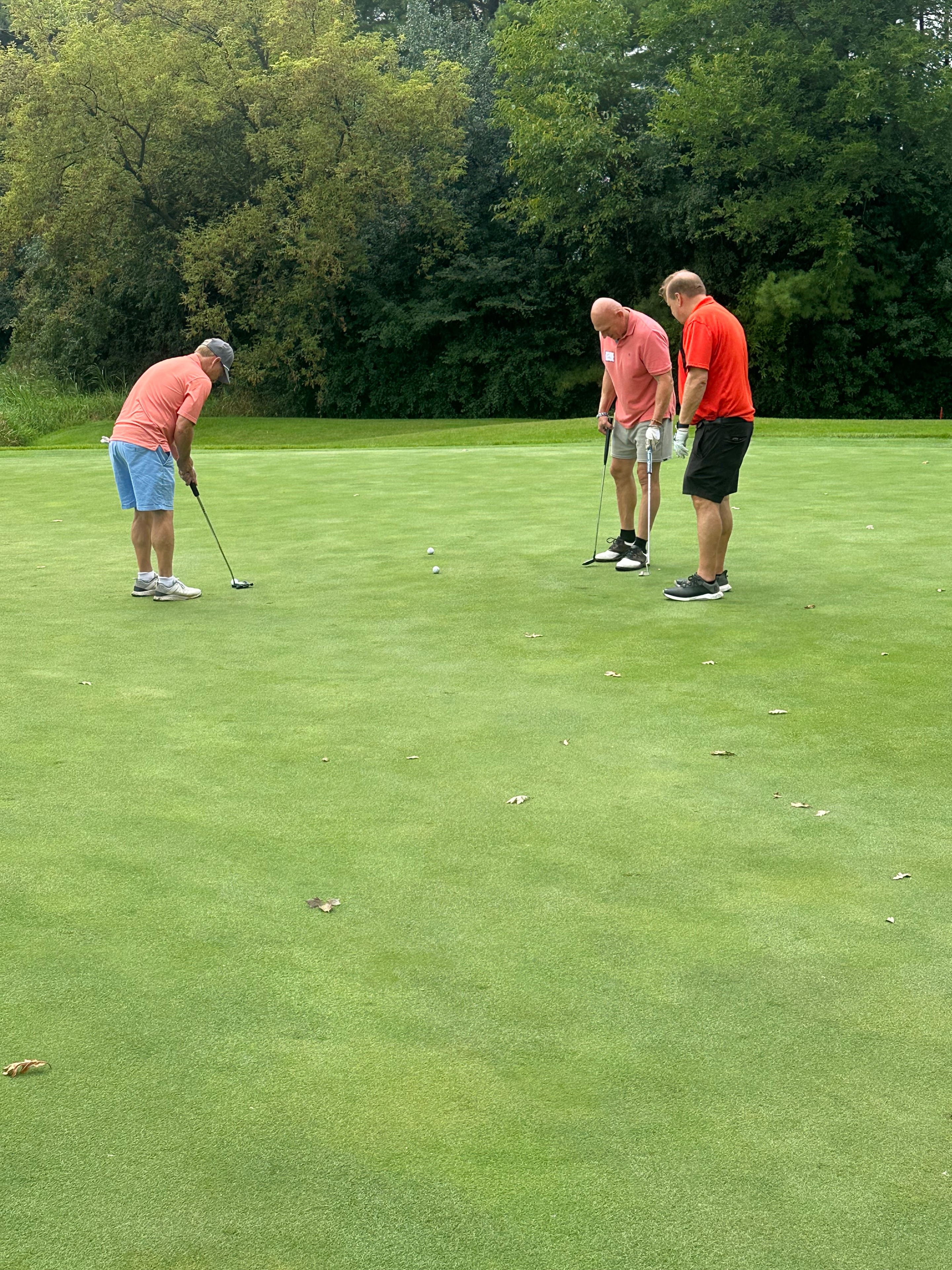 Three men golfing on green course