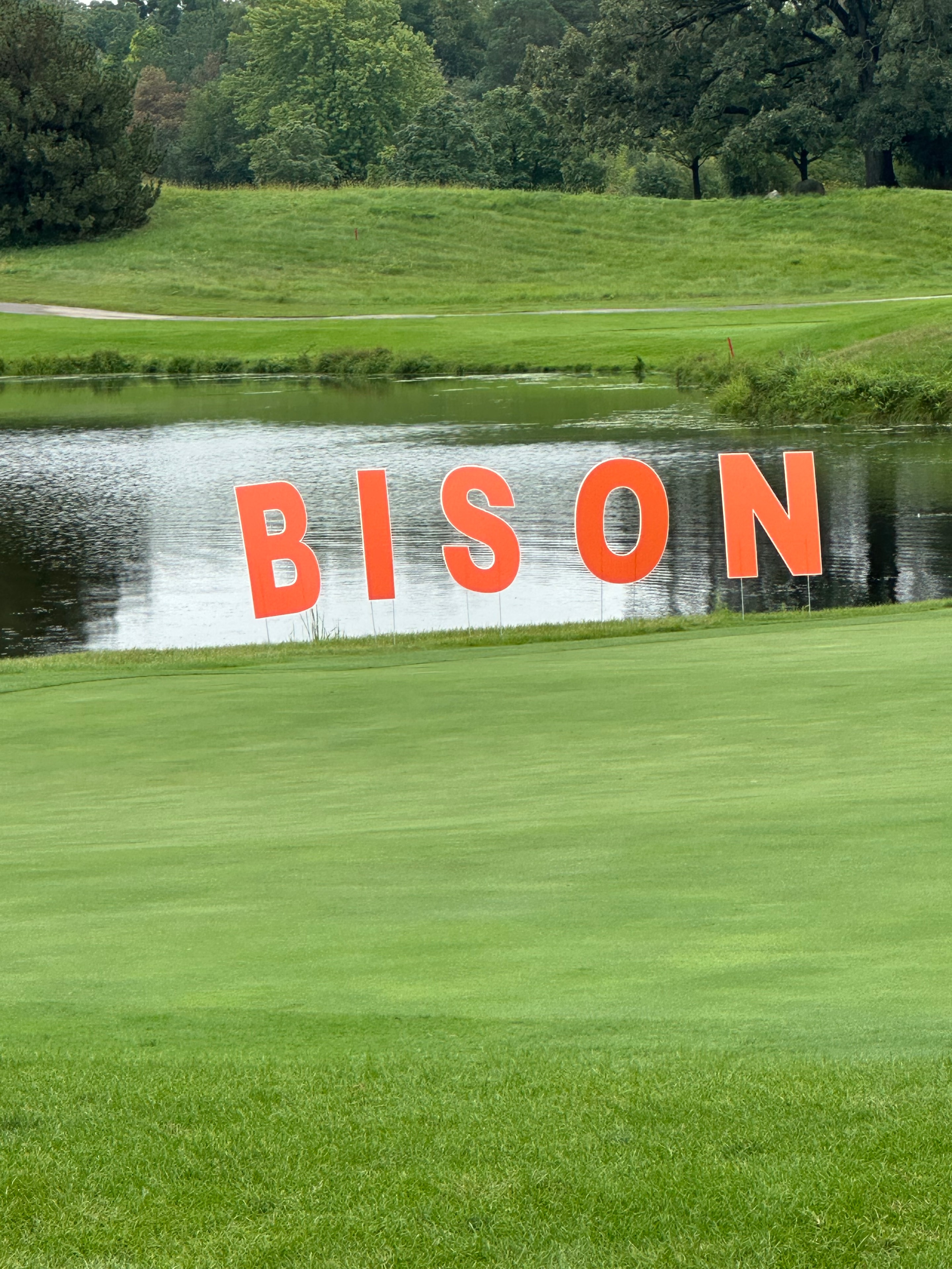 Bison sign by golf course pond