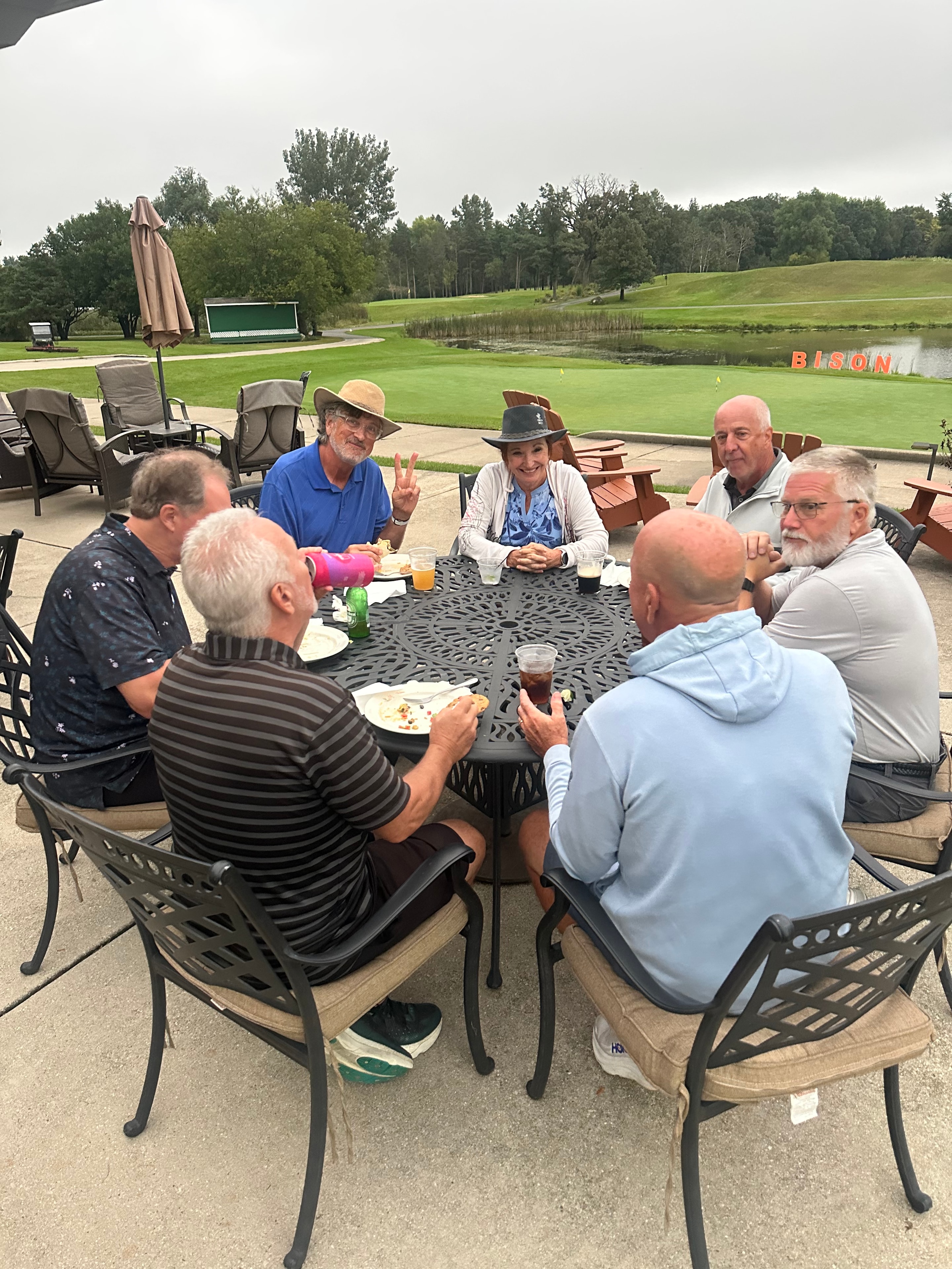 Group dining at golf course patio