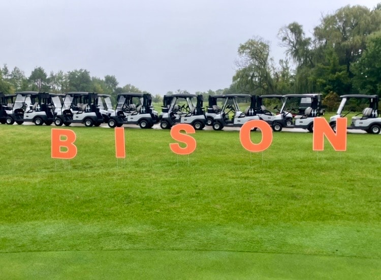 Golf carts lined up by Bison sign